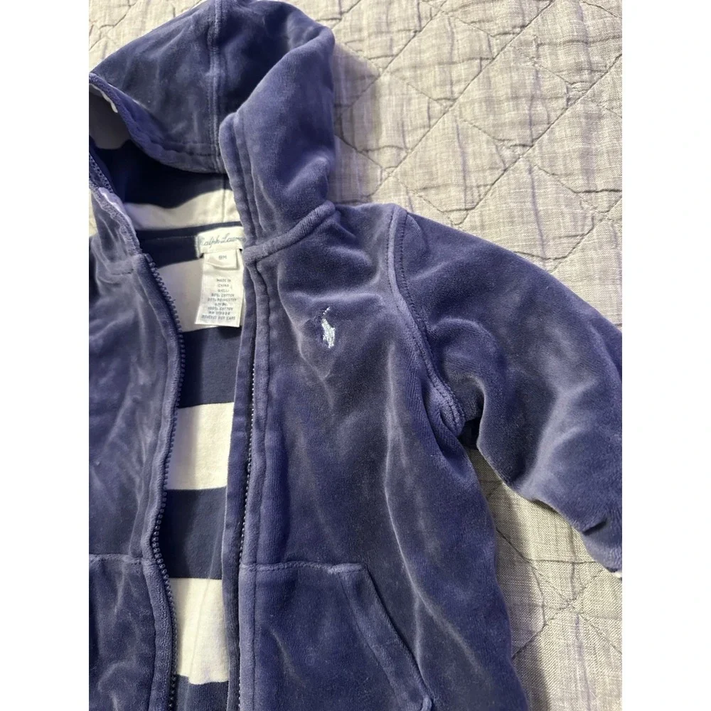 Ralph Lauren Baby Velour Hoodie Jacket‎ Blue 9M Zip Up Cozy Classic Pony Logo